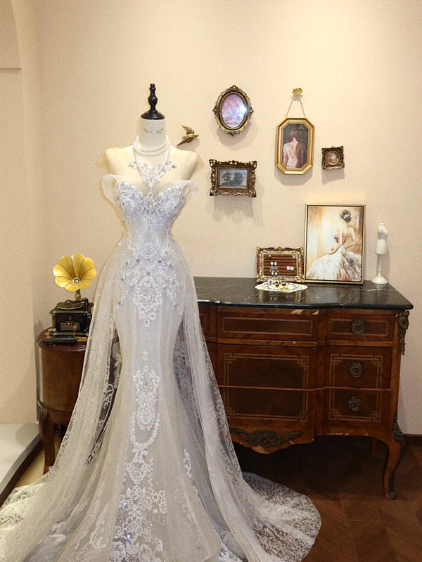 White strapless lace fitted long wedding dress R6568 – Ovlias